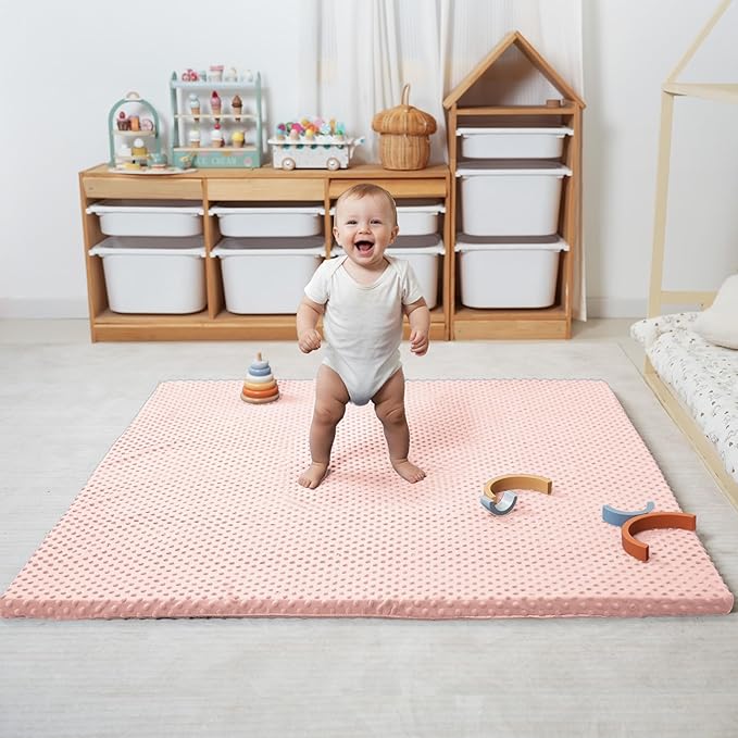 Huloo Sleep Baby Floor Play Mat for Playpen, Extra Thick 50"x50" Padded Mat with Ultra Soft 3D Minky Dot & Removable Washable Cover, Non-Slip & Safe for Crawling,Tummy Time,Infant/Toddler (Pink)