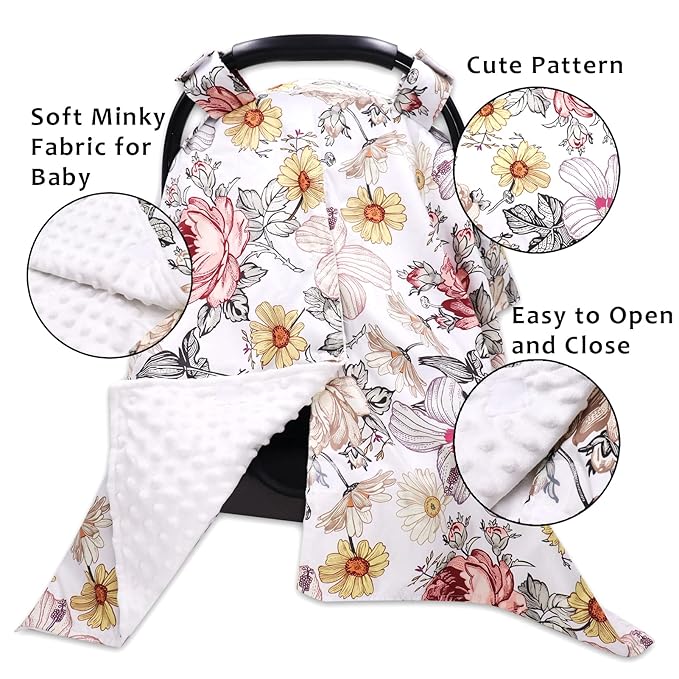 Floral Car Seat Insert,Cushion for Stroller, Swing, Bouncer, 2-in-1 Reversible, Floral Baby Car Seat Canopy Soft Minky Plush Dotted Backing Baby Car Seat Cover Girls, Infant Carseat Canopy