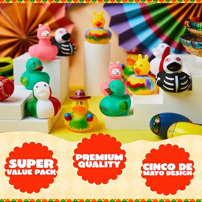 JOYIN 12 Pcs Mexican Fiesta Rubber Ducks for Party Favors Decoration, Cinco De Mayo Colorful Rubber Duck for Baby Shower, Bath Time and Dress-Up Play Duck Toys for Gifts