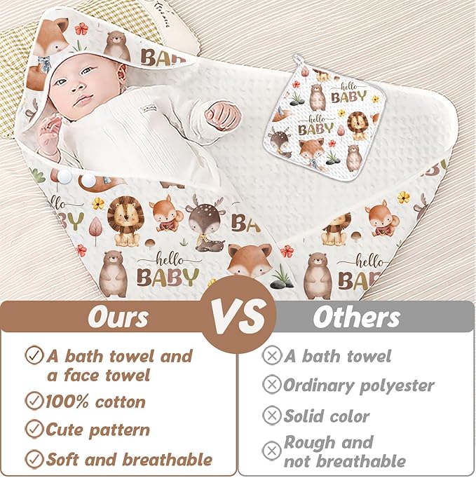 1PCS Wildlife Theme Baby Bath Towels, Hooded Baby Towel for Newborns, Toddler Bath Towel for Boys or Girls, Soft & Absorbent, with 1 Toddler Face Towels 32 * 32IN