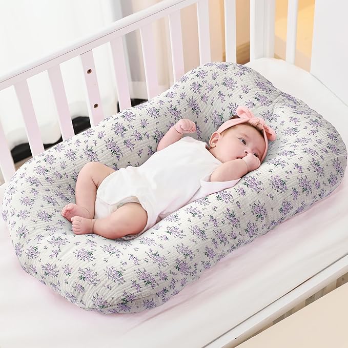 FUNUPUP Muslin Baby Lounger Cover Compatible with Snuggle Me Lounger, Infant Pillow Cover for Newborn, Removable Nest Slipcover for Boys and Girls, Only Cover, Purple&Purple Floral