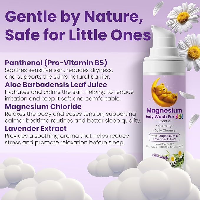 Magnesium Body Wash for Kids | Magnesium Body Wash for Sleep Bedtime Relaxation & Peaceful Nights | Calming Cleanser with Lavender, Chamomile & Vitamins D & K | Hydrates and Soothing Relief