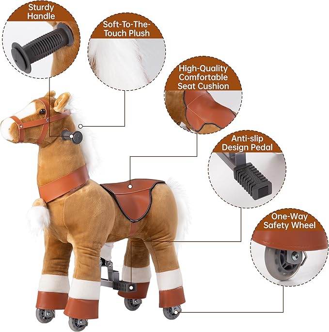 Ride on Horse Toys, Kids Riding Horse Toys Ride on Toys for 4-9 Years Old, Premium Plush Animals Toys Walking Horse with Wheels (Brown, 33.46" L x 11.81" W x 35.83" H)