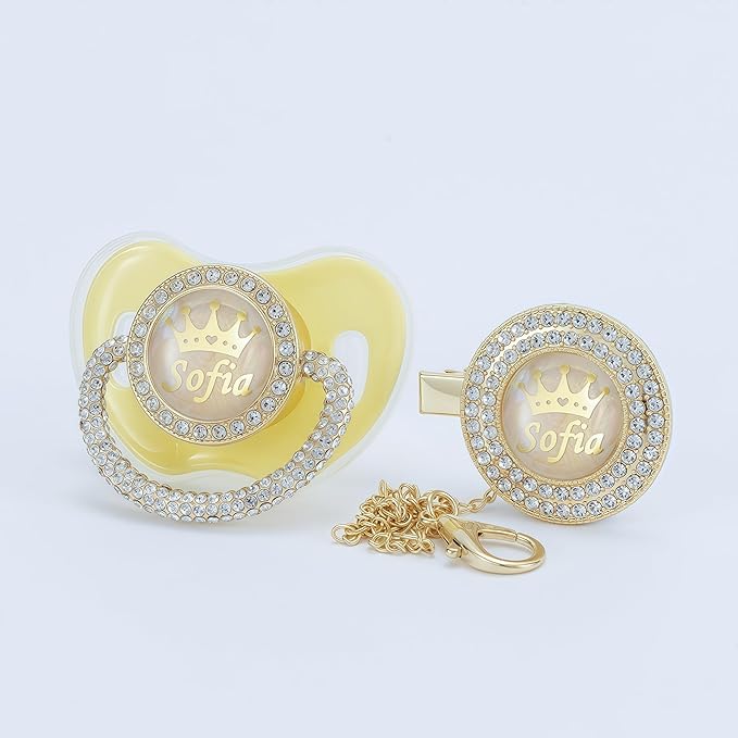 Personalized Name Anniversary All Bling Pacifier and Clip Set Gold Plated New Born Gift Photography No for Daily Use (Yellow)