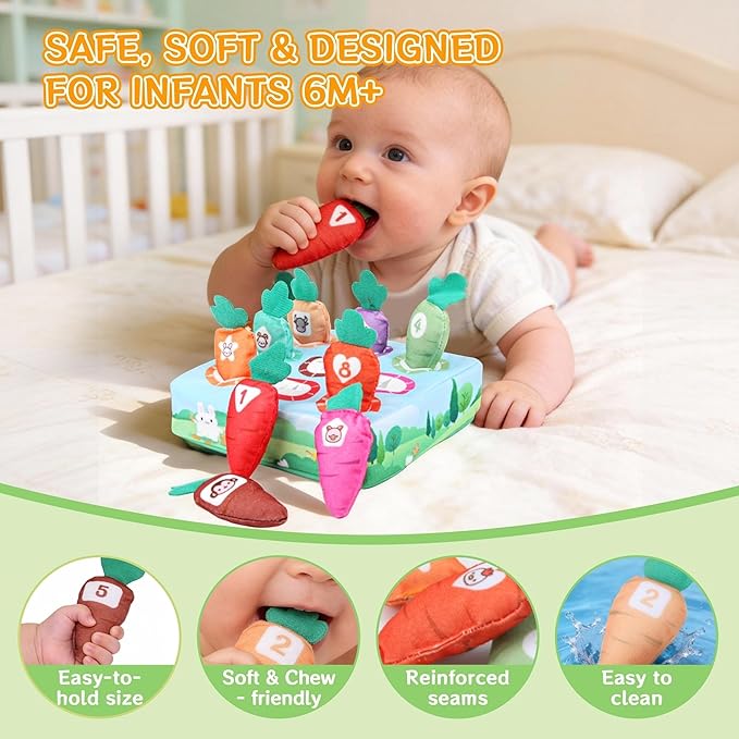 Montessori Toys for 1 Year Old, 10 PCS Plush Carrot Play Kit with Color Shape Number Matching, Pull-Out Soft Baby Sensory Toy Fine Motor Skills Toddler Learning Toys for 6-12 Months Boys Girls Gifts