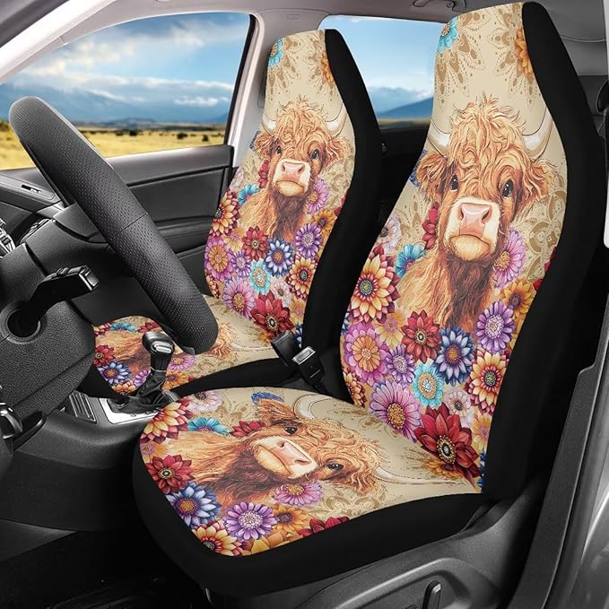 Highland Cow Flower Waterproof Car Seat Cover Universal Front Car Seats Easy to Install Breathable Front Seat Cover Universal for Auto Truck Van SUV 2 Pcs