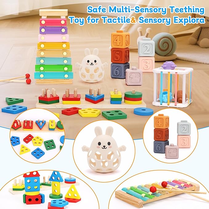 Baby Toys for 6-18 Months, 5-in-1 Montessori Educational Toy Set with Soft Teething Toy Stacking Blocks Rings Sensory Bin, Sorting Sensory Educational Learning Gift for Toddlers Aged 1-3