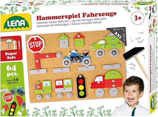 Lena 65826 Vehicles, 64 Coloured Parts in Different Shapes, Cork Base Plate, Approx. 28 x 19.5 x 1.4 cm, Nails, Hammer Game for Children from 3 Years