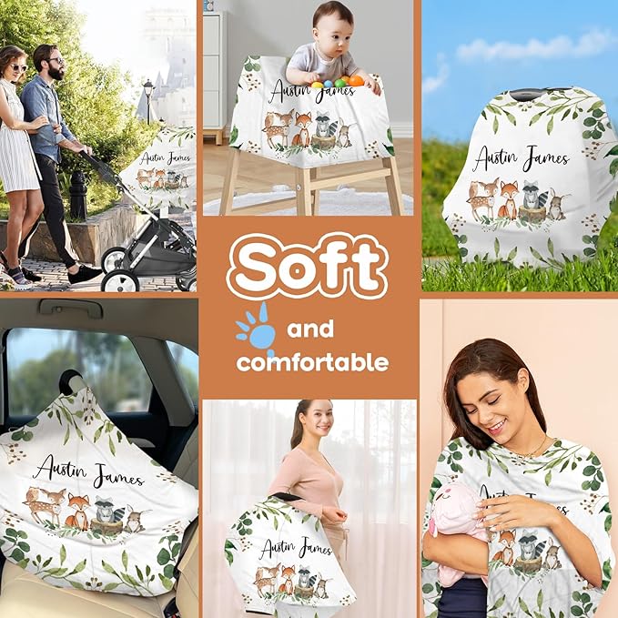 Personalized Baby Car Seat Cover Stroller Canopy: Custom Name Newborn Baby Boy Girl Elastic Animals Nursing Cover for Moms First Birthday Gift Woodland(one Size)