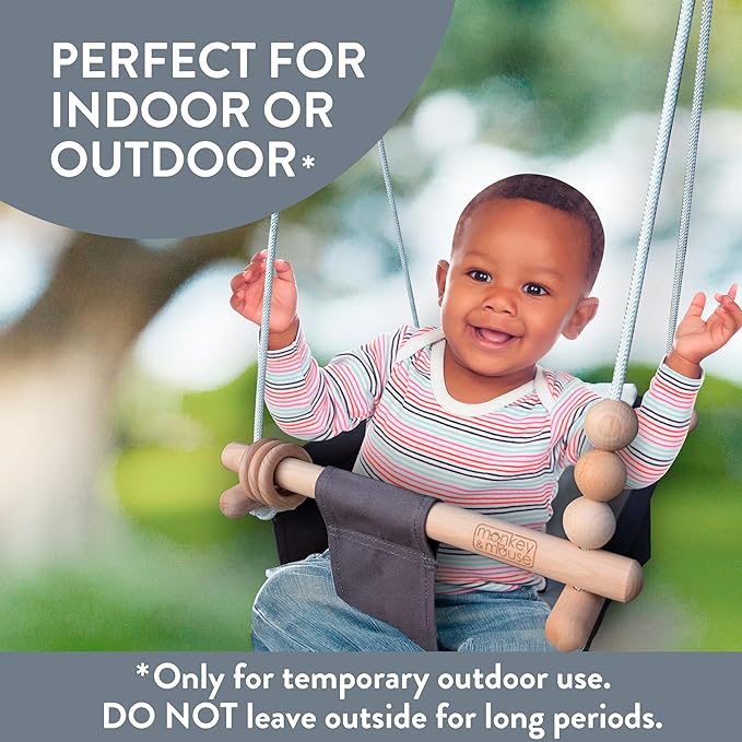 Monkey & Mouse Baby Swing, Pale Blue Indoor Outdoor Portable Hanging Chair - Infant & Toddler Kids 6 Months - 4 Years, Cotton Canvas & Beech Wood Frame, Sensory Hammock Boy & Girl Seat w/Wooden Toys