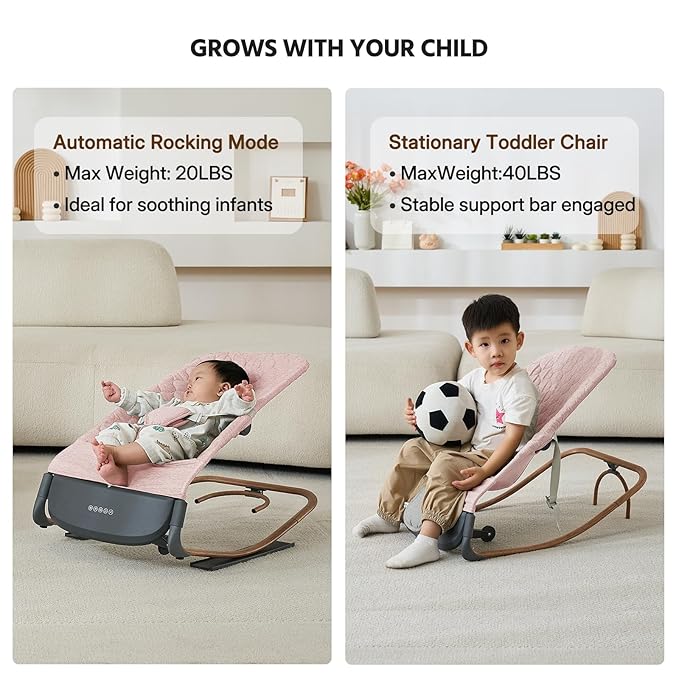VaVaSoo Electric Baby Rocker - Infants to Toddlers Chair (Up to 40 lbs) Battery-Powered Automatic Rocking Seat with Music, Timer, Multi-Speed Settings & Adjustable Positions