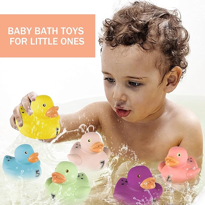 Bath Toys for Toddlers 1-3, 8 Pcs No Hole Wheat Straw Rubber Ducks, Christmas Stocking Stuffers Gifts for Boys & Girls 6-12 Months, Floating Baby Bath Toys for Sensory Learning & Education