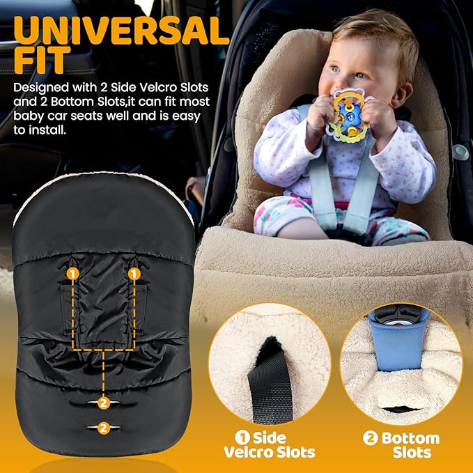 Orzbow Winter Baby Car Seat Cover, Universal Car Seat Bunting Bag for Babies with Adjustable Zipper, Removable Car Seat & Stroller Footmuff to be Blanket, Carseat Cover with Warm Berber Fleece, Black