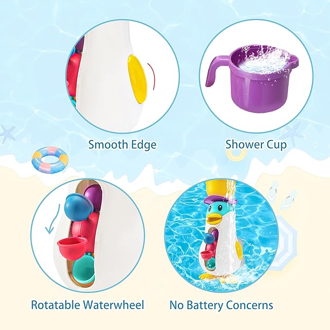 Baby Bath Toys, Toddlers Waterfall Bathtub Toys with Suction Cups, Penguin Kids Bath Toys with Rotatable Waterwheel, Birthday Gift for Boys Girls