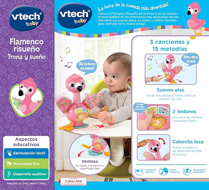 VTech -Baby Flamenco Laughing High Chair and Sleep, Toy for Babies from 6 Months, Interactive Buttons and Suction Base, ESP Version