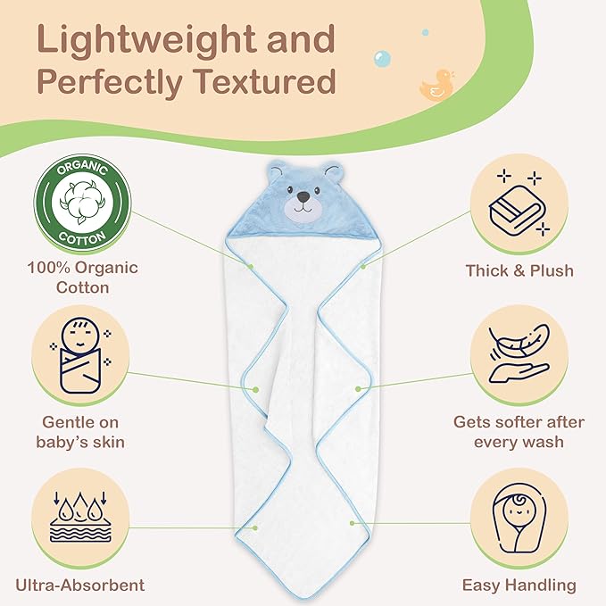 Mother's Choice 100% Organic Cotton Hooded Toddler Towels – Large Cotton, Ultra-Soft & Absorbent Baby Towels for Newborns, Infants, Toddlers, Boys & Girls with Animal Hood (Blue Bear)