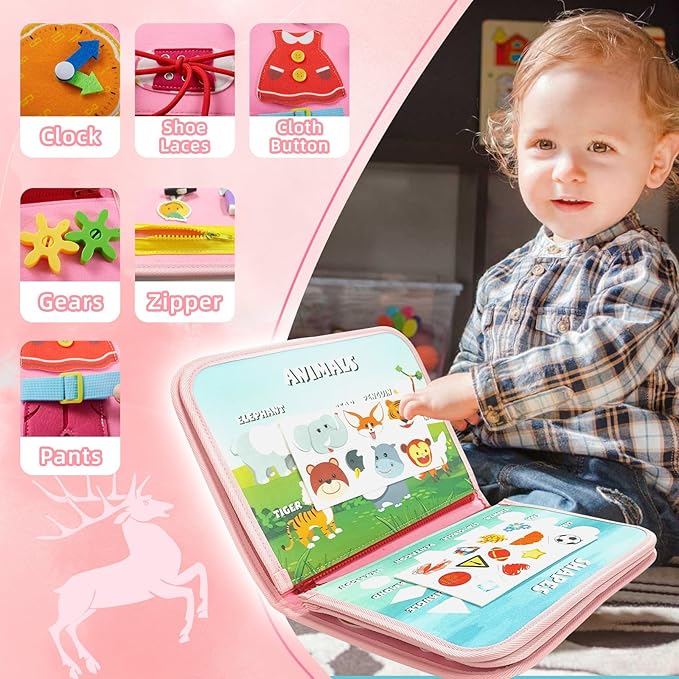 TUNJILOOL 10-in-1 Montessori Busy Board, Sensory Activity Board with Carry Sling, Detachable Pages for Fine Motor Skills & Travel
