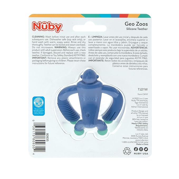 Nuby Geo Zoos Massaging Teether - Baby Teething Toy - Soft Easy Grip - 3+ Months - Blue Gorilla - Easter Basket Stuffer