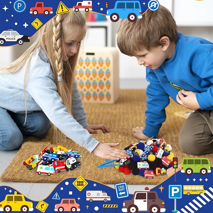 192pcs Cars Sensory Bin Filler Fine Motor Toys Transportation Toys Sensory Bin Items Toy Ambulance Fire Engine Police Car Excavator Taxi for Preschool Education Activities