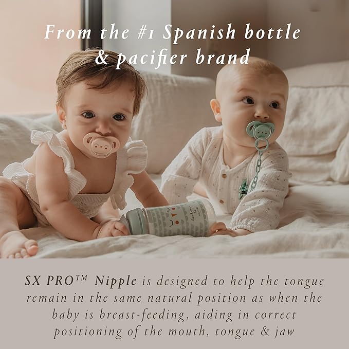 Suavinex Bonhomia SX PRO Physiological Pacifier, Supports Breastfeeding Babies, Pacifiers 6-18 Months, 2 Pack Baby Pacifier, Baby Accessories, (Mint/Beige)