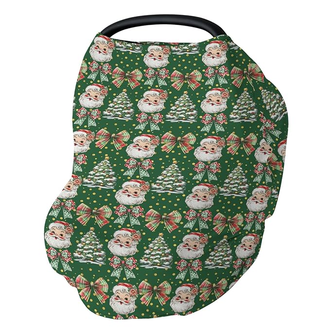 Christmas Santa Trees Car Seats Cover for Babies Santa Claus Red Green Bows Stretchy 5-in-1 Cover Adjustable Car Canopy Cover Winter Holiday Breathable Nursing Cover-Up