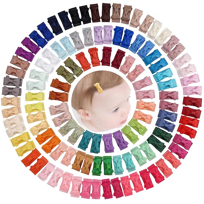 CÉLLOT Hair Clip, 120pcs Baby Girls Grosgrain Ribbon 1.2" Mini Bow Snap Clips, 60 Colors for Infant Toddlers Fine Thin Hair in Pairs