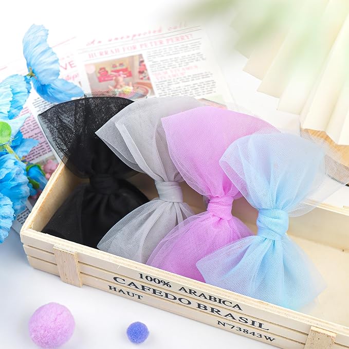 4 Pcs 4.5’’ Organza Lace Bow for Baby Girls Blue Headbands Black Mesh Hair Bows Baby Shower Gifts for Newborn Infant Toddler Girl