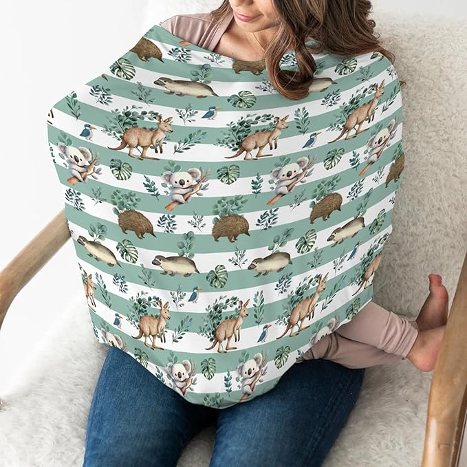 Australian Animals Tropical Leaves Car Seat Cover for Baby Koala Green Stripes Stretchy 5-in-1 Covers Adjustable Car Canopy Breastfeeding Cover Native Australia Breathable Nursing Cover-Up