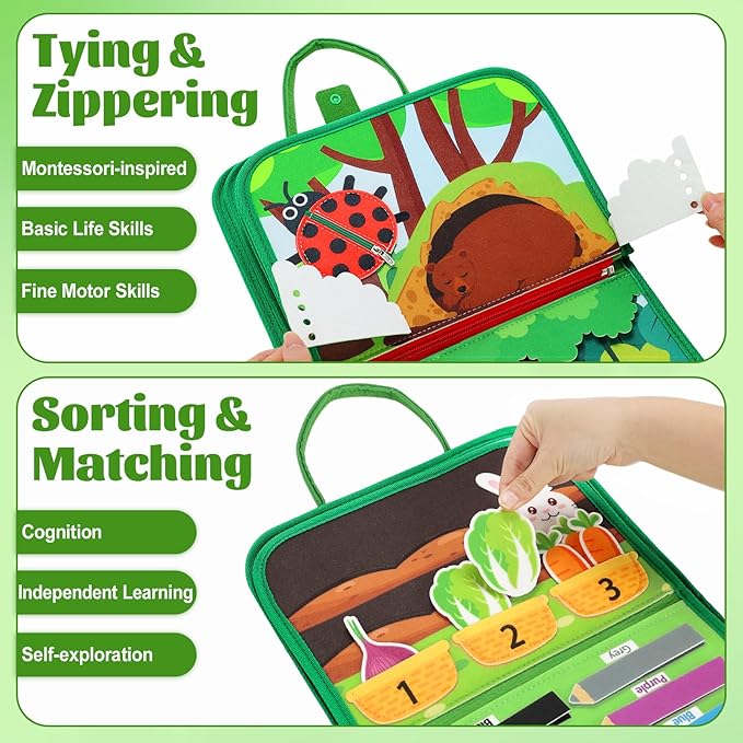 Busy Board for Toddlers, Montessori Toys for Boys Girls, Educational Learning Activity Quiet Book with Life Skills, Toddler Travel Toys Birthday Gifts (Green)