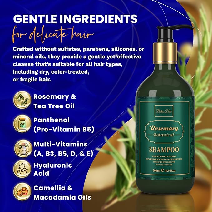BABY HAIR - Rosemary Shampoo, Sulfate-Free Rosemary Shampoo for Women and Men, Rosemary and Tea Tree Shampoo with Hyaluronic Acid, Natural Hair Growth Shampoo, 16.9 fl. oz.