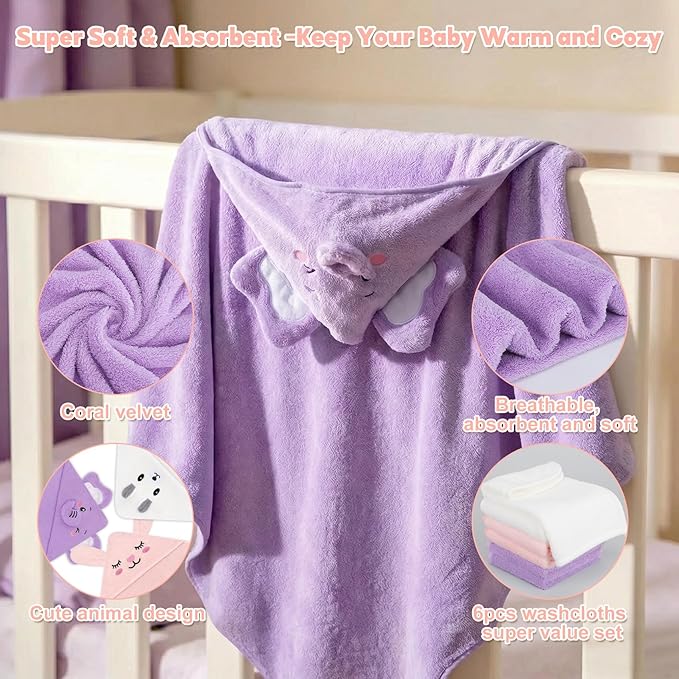 CandyHome 9 PCS Baby Bath Towels for Infants Toddlers, 3 PCS Animal Hooded Baby Towels & 6 PCS Washcloths Set, Ultra Absorbent Soft Cute Newborn Bath Essentials Gifts for Boys & Girls