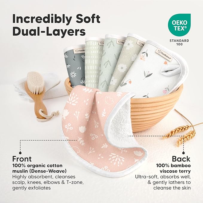 6-Pack Cotton Baby Washcloths for Newborn - Organic Cotton Muslin Soft Wash Cloths for Babies, Infant, Kids, Toddler Towels for Boy, Girl, Super Absorbent Face Cloths, Scratch-Free Baby Rags (Fleur)