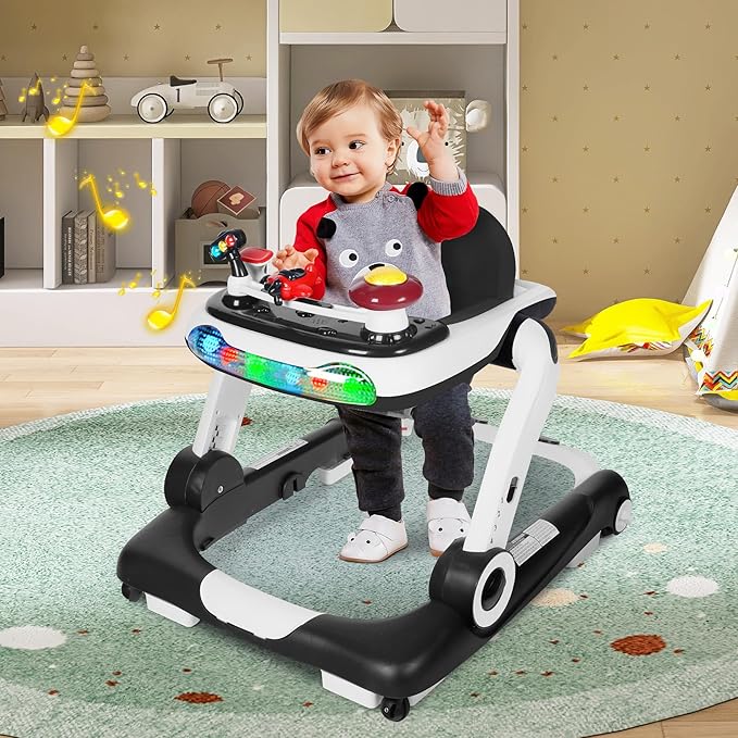 TODEFULL 6 in 1 Baby Walker, Baby Activity Walker for Toddler, Push Walker w/Adjustable Height Speed, Learning-Seated & Walk-Behind, Infant Walker w/Feeding Tray & Music Toys, Black