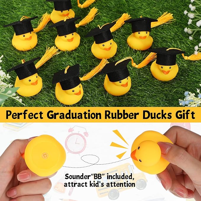 Jerify 48 Pcs Graduation Rubber Ducks with Grad Cap 2026 Diploma Grad Rubber Duck Graduation Party Bath Pool with Storage Bag for Student Gifts Party Favor(Gold)