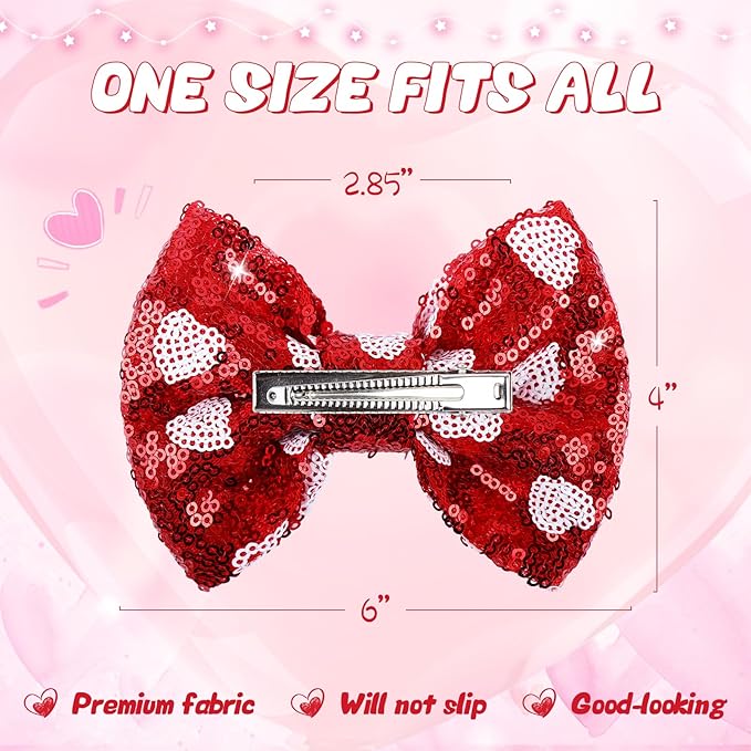 Valentine's Day 5 Inch Glitter Hair Bows Clips Large Sequins Bow Hair Clips Red Pink Love Heart Hair Barrettes Hair Accessories for Girls Children Kids 2Pcs