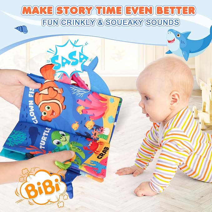 BBWOO Soft Baby Book Toy - Newborn Boy Girl Shower Gift - Tummy Time Toy for Infant 0-6 6-12 Months - Touch and Feel Sensory Crinkle Book with Teether - Baby Boy Girl Gift - Easter Basket Stuffers