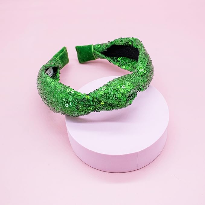 FROG SAC St. Patrick's Day Knot Headband for Girls, Green Sequin Knotted Hair Band Accessories for Kids, Sparkly Iridescent Little Girl Headbands for Children, Cute Sparkle Head Band