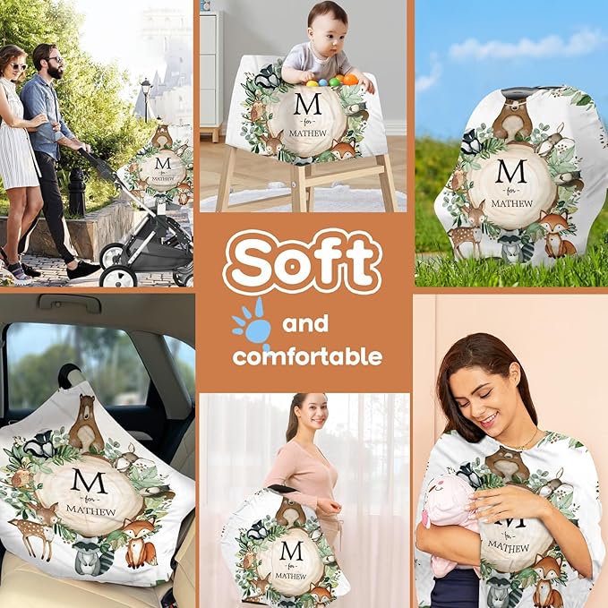 Personalized Baby Car Seat Cover Stroller Canopy: Custom Name Newborn Baby Boy Girl Elastic Woodland Animals Nursing Cover for Moms First Birthday Gift Bear(one Size)
