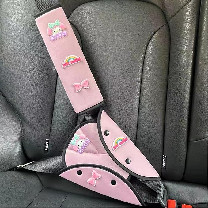 Car Seat Belt Holder & Shoulder Protection Set, Universal Anti-Neck Seat Belt Cover Pad, Cute Soft Seat Belt Cushion for Boys & Girls, Belly Protector for Comfortable Travel (Pink)