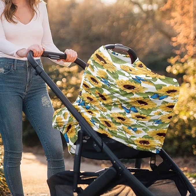 LedBack Blue Butterfly Sunflower Stretchy Car Seat Cover for Babies Nursing Cover Breastfeeding Cover,Soft Breathable Baby Carseat Canopy