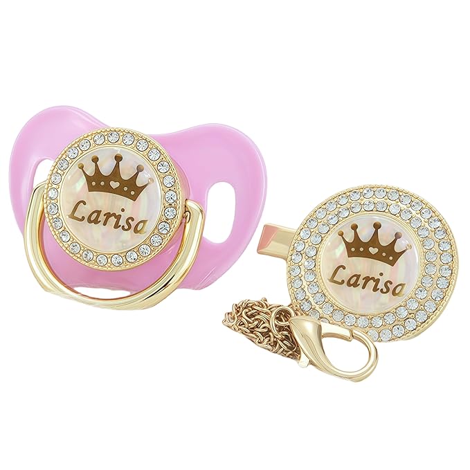 Personalized Any Name Bling Gold Silver Pacifier and Clip Set 18 Colors