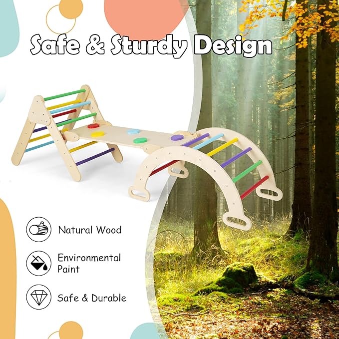 Olakids Pikler Triangle Set 7 in 1 Climbing Toys for Toddlers 1-3 Inside Foldable Wood Montessori Jungle Gym with Ramp Ladder Arch Slide Baby Climber Indoor Playground