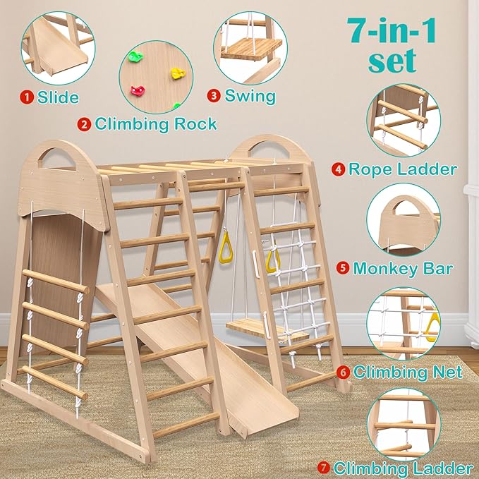Indoor Playground, Wooden Indoor Jungle Gym for Kids, Toddler Climbing Toys with Stair Slide Swing Set Monkey Bars, Gym Equipment for Backyard, Outdoor Playset for Kids Aged 3-8 (9-in-1)
