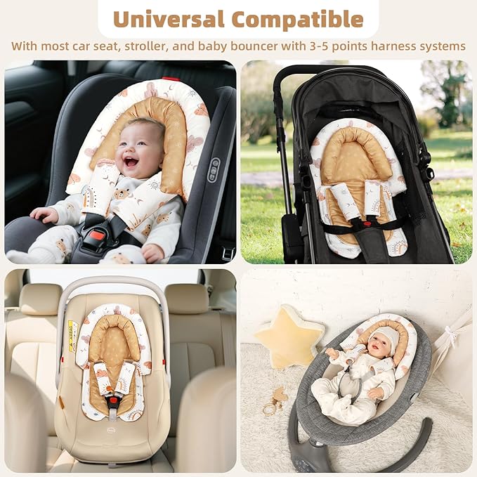 Baby Car Seat Head Support & Strap Covers, Upgraded 2-in-1 Infant Car Seat Insert Cushion for Newborn Girls, Perfect for Carseat, Stroller, Swing, Extra Soft, Boho Rainbow