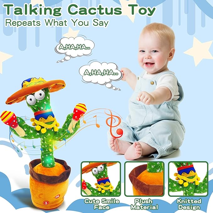 Talking Cactus Toy for Kids Boys and Girls, Adjust Volume Dancing Cactus Toy Singing Mimicking Recording Toys Repeats What You Say, Comes with 120 English Songs Singing Talking Musical Toys