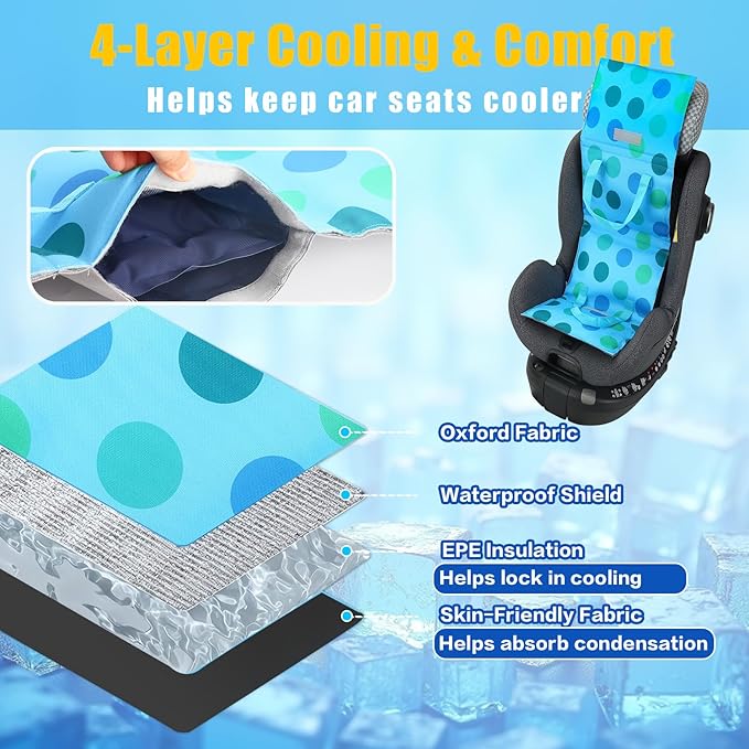 Baby Car Seat Cooling Pad with Insulated Bag Reusable Baby Carseat Cooler Cooling for Car Seat Belts Summer Essential 4 Removable Gel Packs