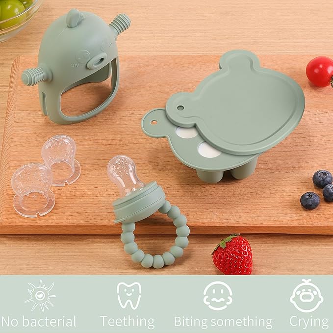 6-in-1 Baby Fruit Feeder Pacifier & Baby Food Feeder Set – Silicone Breastmilk Popsicle Mold with Freezer Tray, Teething Relief Toy, BPA Free Infant Feeder, 3 Sizes (S/M/L) Sacs (Pea Green)