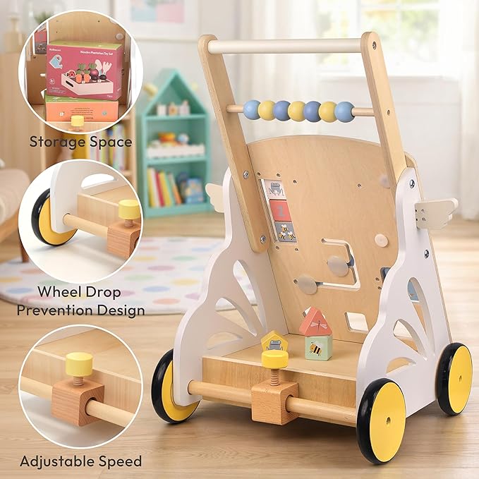 Wooden Baby Walker，Baby Push Walker, Montessori Walker for Babies 12 Months， Baby Sit-to-Stand Learning Walker Toys Gift for Boys and Girls