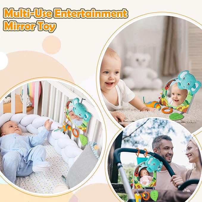 Lynncare Car Seat Toy, Baby Car Mirror for Rear Facing, Travel Baby Activity Center with Hanging Engaging Toys for Infants Babies 0-6-12-18 Months Boy Girl