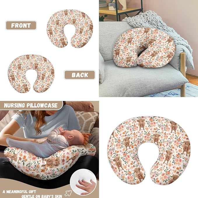 Cute Highland Cow Flower Car Seat Cover with U Shaped Pillowcase Cover Set of 2, Carseat Protectors for Girl Boy, Multi-use Baby Carrier Covers, Stroller Sun Shade, Nursing Breastfeeding Covers